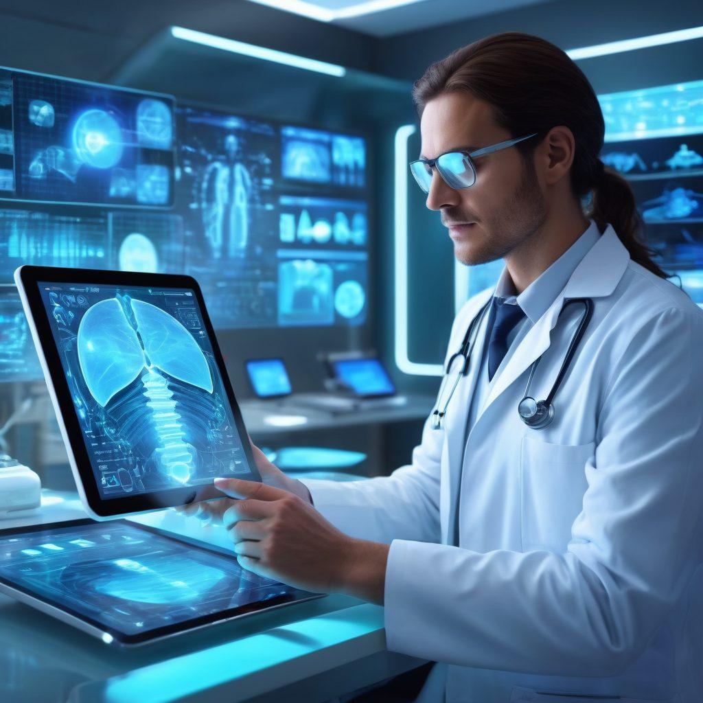 A futuristic doctor utilizing a tablet to interact with a patient through a screen, surrounded by medical technology gadgets, soft glowing holographic charts, and a serene, healing environment. The image should convey a sense of connection between technology and compassionate care, with patients looking comfortable and engaged. super-realistic. vibrant colors. 3D.