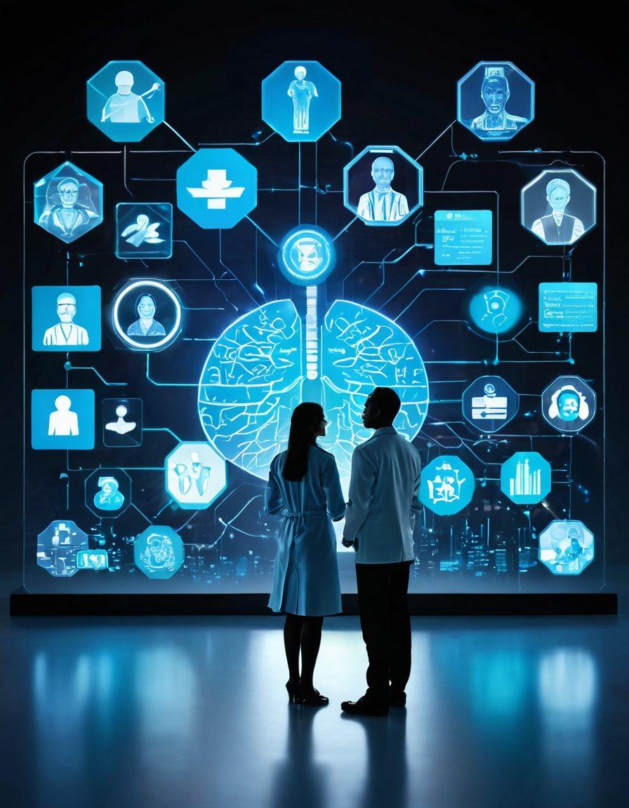 A futuristic healthcare professional guiding a diverse group of people through a digital landscape filled with holographic displays of health data, wearable tech, and telemedicine tools. The scene should be vibrant and dynamic, showcasing the integration of technology and healthcare with engaging visuals of medical icons and data analytics. Bright colors and a sense of movement should be emphasized to represent innovation. super-realistic. vibrant colors. 3D.